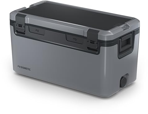 Dometic Recon Hardside Groß - Passive Kühlbox 69L - Wasserhahn - Silt | Zweiseitig öffnender Deckel - Inklusive Zapfhahn - Magnetischer Ablaufstopfen - Ergonomische Softgrip-Griffe