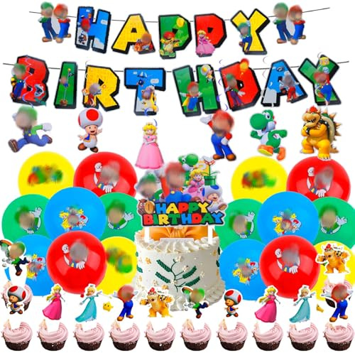Birthday Party Decorations Supplies for Kids Boys, Cartoon Happy Birthday Decorations with Banner, Spirals, Balloons, Cake Topper, Cupcake Toppers