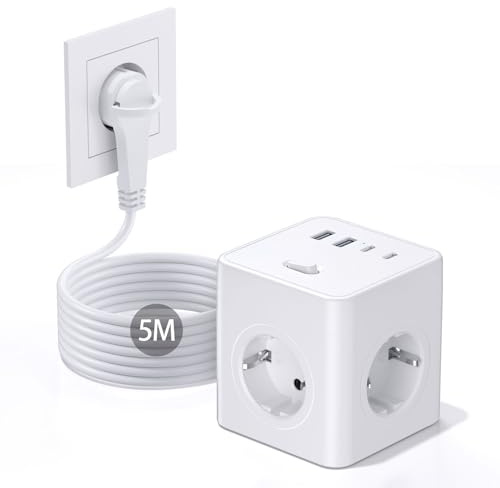 Steckdosenwürfel mit USB,8 in 1 Steckdosenleiste Flachstecker mit Schaltbar,4 Fach Steckdosenleiste mit 4 USB, Mehrfachsteckdose Power Cube mit Zugring,5M Kabel für Zuhause/Büro/Reisen,Weiß
