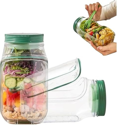 Salad Pod Mason Jar with Side Opening, 20 cm, Leakproof Dressing Compartment, Microwave and Dishwasher Safe (Clear 1PC, Small)