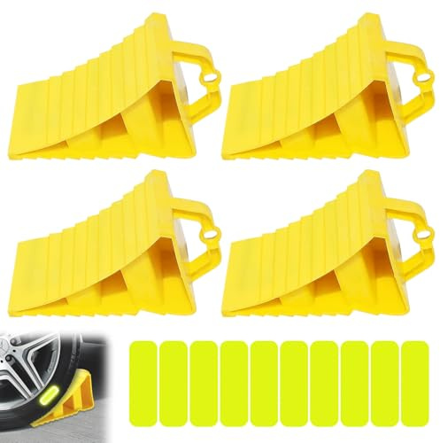Calzos Coche,4 Piezas 20*12*11CM Cuña Para Ruedas De Coches Con Franja De Advertencia,Cuña Rueda Coche,Calzo Para Ruedas De Coche Para Tope De Rueda De Coche,Caravana,Autocaravana,Amarillo