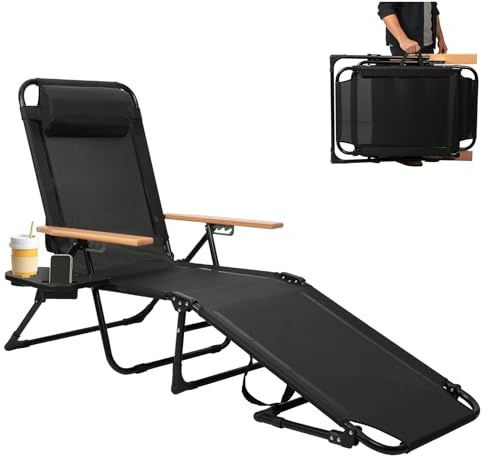 OVLRIJP Sonnenliege Klappbar mit Kopfkissen, Gartenliege Wetterfest, Klappbare Strandliege Campingliege mit Holzarmlehnen, Liegestuhl für Balkon, Garten, Pool & Strand, bis 150kg (Schwarz)