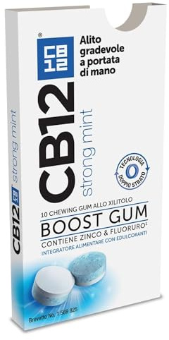 CB12 Boost, Gomme da Masticare Senza Zucchero con Xilitolo, Gusto Menta Forte, Effetto Sbiancante, Prevengono Alito Cattivo, Confezione da 10 Chewing Gum