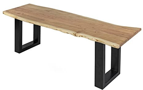 SAM Sitzbank 120x42 cm Quintus, Akazien-Holz naturfarben, schwarz lackierte Metallbeine, Bank mit echter Baumkante, Massive Holzbank