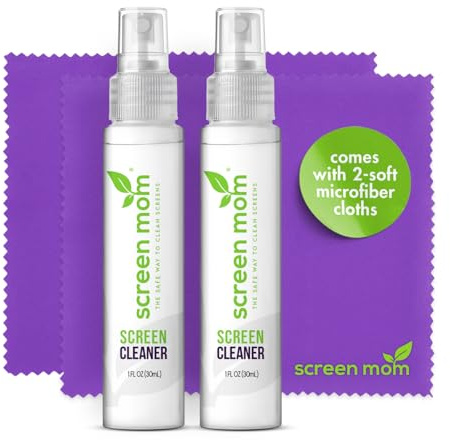 Screen Cleaner Spray and Microfiber Cloths 2-Pack (2x1oz) by Screen Mom-Screen Cleaner Spray and Wipe for TV, Computer, Phone, iPad, Car Screen Cleaning Kit Electronic Cleaner Spray