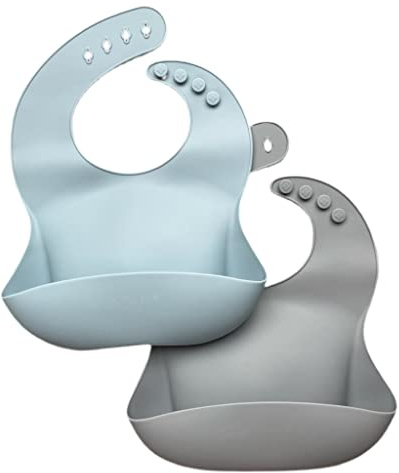Wriggle & Giggle Baby Silicone Bibs with Food Catchers, 2 Pack (Dusty Blue/Grey)