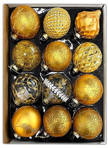HAC24 12 Set Glas Weihnachtskugeln Handbemalt Christbaumkugeln Weihnachtsbaumkugeln Echtglas Weihnachtsbaumschmuck (Gold)