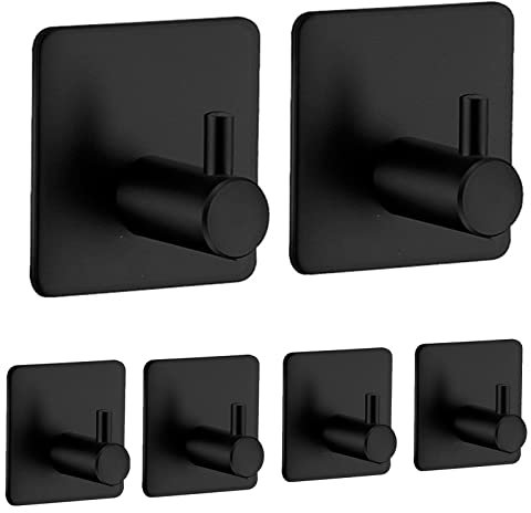 lumfork Handtuchhaken 6 Stück Haken Selbstklebend, Wandhaken Klebehaken Ohne Bohren aus Edelstahl, Ideal für Badzimmer Toilette Küche Büro(Schwarz)