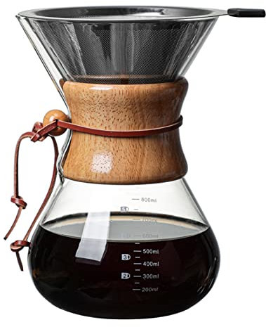 Jenngaoo Caffettiera Pour Over, Caffettiera in Vetro Riutilizzabile da 400ml con Filtro in Acciaio Inossidabile, Gocciolatore Manuale per Caffè con Manicotto in Legno per Casa e Viaggi
