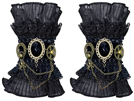 Aabellay Damen Fingerlose Spitzen Handschuhe Gothic Victorian Armbänder Retro Spitze Steampunk Gear Armkette Steampunk Armbänder Set Vintage Opern Handschuhe Halloween Braut Zubehör 1 Paar - S466
