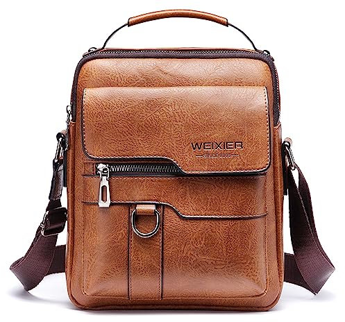 Umhängetasche Herren Schultertasche Herrentasche Klein Vintage PU Leder Crossbody Herren Tasche Umhängen Handtasche Männer für Arbeit, Schule, Alltag (Hellbraun)