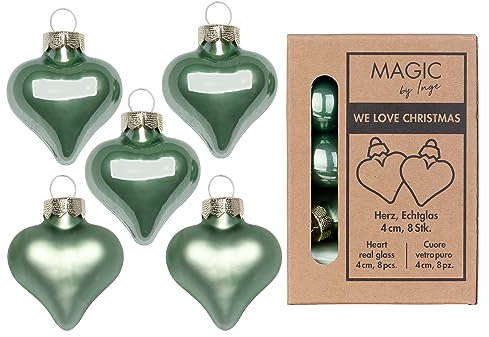 Christbaumschmuck Herzen 4cm Glas 8er Set - Glasherzen zum Aufhängen - Weihnachtsschmuck Weihnachtsbaum Anhänger - Weihnachtskugeln & Weihnachtsbaumschmuck Mild Sage