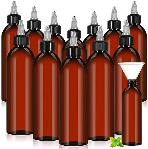 Barydat 12 Pcs Squeeze Bottle Twist Top Applicator Empty Hair Oiling Bottle with Funnels Refillable Plastic Liquid Containers for Liquid Hair Oil Shampoo Lotion (8 oz,Amber)