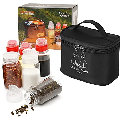 RoseFlower Gewürzbehälter Camping Set Reise Gewürzbehälter 6 Stück Lebensmittelqualität Gewürzgläser Mini-Gewürzgläser-Set mit Canvas-Aufbewahrungstasche für Camping, BBQ,Picknick, Reisen#Schwarz