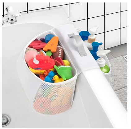 Saddle shape 2 Compartments Bath Toy Organizer, Easy Access for Children, Wide Opening Bath Toy Holder for Drying Toys and Storage, Mesh Shower Toy Holder and Bath Tub Toy Storage Organizer for Tub.