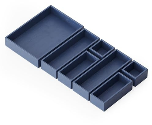 SpaceAid 7-Piece Bamboo Drawer Organizer Storage Boxes Set, Wood Tray Junk Drawer Organizers Multi-Use Divider Bins for Kitchen, Bathroom, Office Desk and Makeup Organization (7 Pack, Navy Blue)