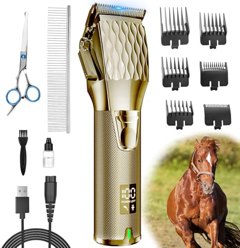 Horse Clippers, Cordless Trimmers Grooming Kit with 2500mAh Battery, Low Noise Heavy Duty Body Clipping Machine with LED Display for Horse, Cattle, Cat, Dog with Thick/Tangled Coat, Gold