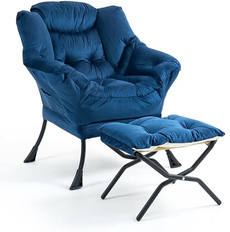 TIANSHU Samt Sessel mit Hocker, Relaxsessel mit Nackenstütze Sessel Wohnzimmer mit Metallbeinen Stabil Loungesessel Ohrensessel Sessel für Schlafzimmer Arbeitszimmer Balkon (Dunkelblau)