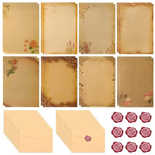 Vintage Briefpapier mit Umschlag, Schreibset, 10 Umschläge, 16 A5 Blätter und 10 Wachssiegel-aufkleber, für Hochzeits Einladungen und Grußkarten