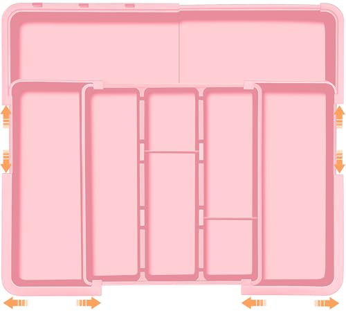 Large Utensil Drawer Organizer Expandable Silverware Organizer for Kitchen Drawer Adjustable Cooking Utensil Holder Cutlery Flatware Tray Spatula Tools Gadgets Storage Dividers Plastic Pink