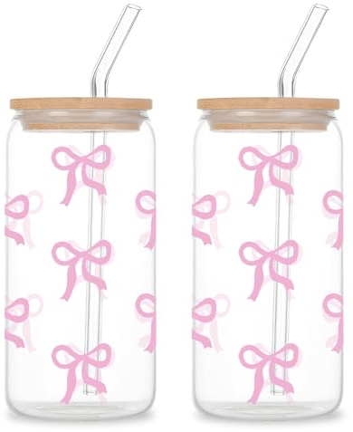 LEKEFETO 2 Stück Glas Trinkbecher Mit Deckel Und Strohhalm, Bow Glasbecher 16 Oz, Bubble Tea Becher, Dekoratives Bow Design, Vielseitiges Trinkglas für Smoothie, Latte