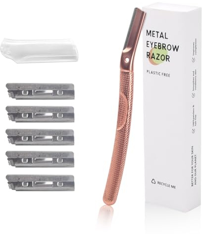 Rasoir Visage Femme Dermaplaning - Rasoir Sourcils en Acier Inoxydable avec 6 Lames Remplaçables - Outil Polyvalent pour Épilation Sourcils, Visage et Corps - Peau Douce et Lisse (Or Rose)