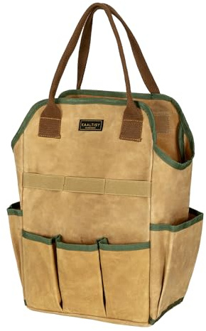 Canvas Tool Bag, 16OZ Waxed Canvas Garden Tool Tote - with 3 Inner Slots & 8 Outer Pockets & Portable Handle, Gardening Tool Storage Bag for Gardener Florist Workshop - Khaki