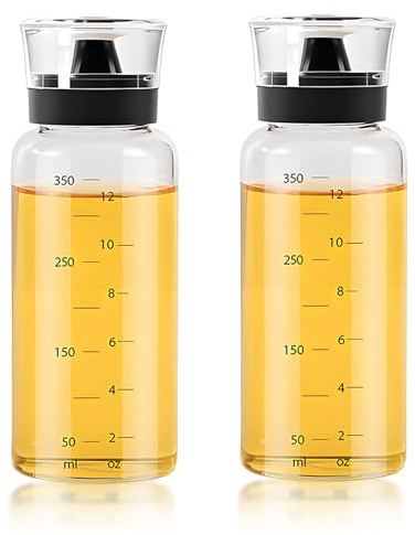 2er-Pack Ölspenderflasche, 350ml Öl Flaschen für Camping im Freien, Ölflaschen Glas mit Klarer Skala für Öl Essig Olivenöl für Speiseöl Salat BBQ Backen Grill, Camping Zubehör für Picknick Küche