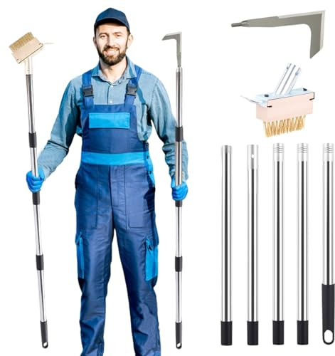 Set di attrezzi per diserbo con manico lungo e manico regolabile da 160 cm, strumento 2 in 1 in acciaio inox per diserbo e spazzola per rimuovere erbacce e muschio da terrazzi, vialetti, crepe sui