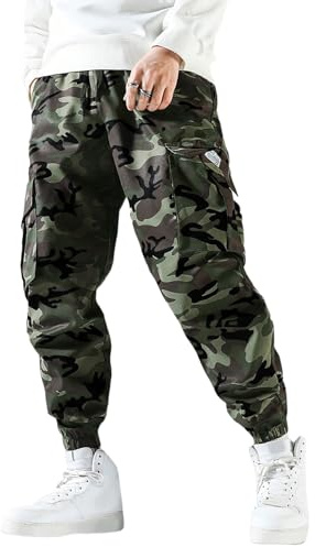 PADOLA Jogginghose Herren Camouflage Elastische Taille mit Kordelzug Cargohose Slim Fit Tarnhose Arbeitshosen mit 4 Taschen Casual Hosen Freizeithose Chino Hose Trainingshose (0 Armeegrün, S)