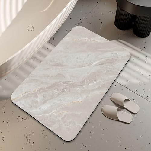 LUOENY Bath Mat Non Slip Backing Thin Grey Marble Bathroom Rug Fit Under Door Quick Dry Absorbent Bathroom Floor Mat Shower Rug for in Front of Bathtub Shower 75x43 cm