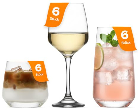 NORDIC SCHILLER 18 Stück Gläserset, 400ml Weingläser 6er Set, 480ml Longdrinkgläser 6er Set, 345ml Trinkgläser x 6 st, Rotweingläser, Weißweingläser, Cocktail Gläser, Caipirinha Gläser, Wassergläser