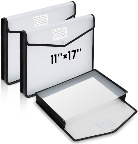 AmazingSpark 3 Pcs 11 x 17 Inch Expandable Tabloid Size Document Folder Organizers with Snap Closure & Label, Clear Plastic Expanding File Folder for A3 Ledger Size Plots Charts (Black)