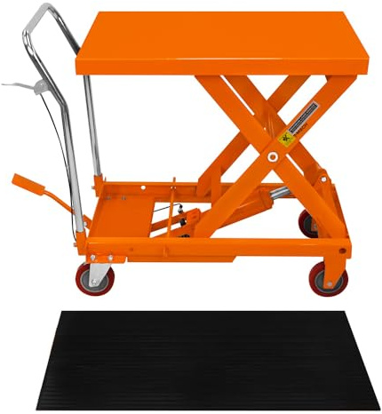 Hydraulic Table Lift Scissor Platform 500KG 1100LBS Mobile Cart Trolley with Manual Foot and Hand Pedal Multi Height Position Locking 4 Wheels 81cm x 51cm Bench plus Anti Slip Rubber Mat Bundle