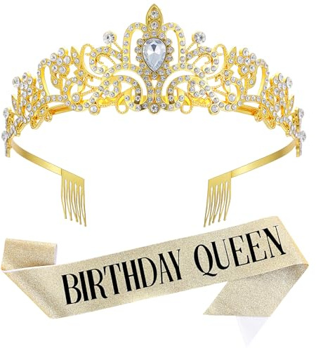 Neyauo Birthday Queen Sash and Crown Gold Birthday Tiara Crown and Sash Set Glitter Rhinestone Headband Hair Accessories Glitter Crowns for Party Decorations Outfits for Women