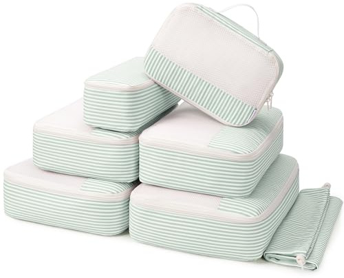 Narwey 7 set packkuber för resväskor och ryggsäck, randig resväska organiseringsväskor resepackkuber skoväska för handbagage rese väsentligheter tillbehör (mintgrön randig)