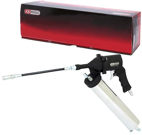 KS Tools Druckluft Fettpresse 515.3900 I Druckluft Werkzeug für Fettkartusche I Mit flexiblem Schlauch & Düse I Für Eimerware, Kartuschen & loses Fett