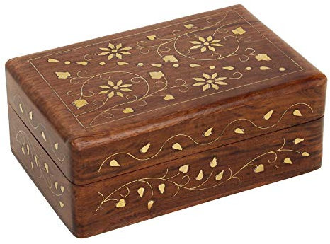 Ajuny Joyero Decorativo de Madera Hecho a mano Organizador con Tallas Florales Inspiradas en Mughal y Flor Central con Incrustaciones de Latón