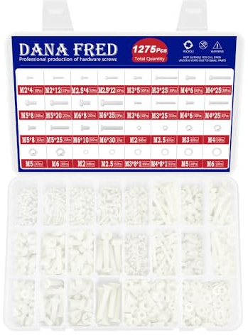 1275pcs White Nylon Flat Pan Round Head Machine Screw M2 M2.5 M3 M4 M5 M6 Metric Threaded Phillips Cross Recessed Plastic Bolt Nut Washer Assortment Kit Set M2-M6 for Insulate or Fasten PCB Board