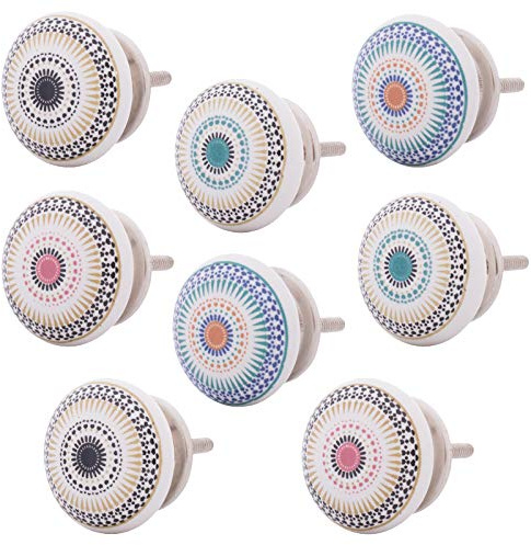 Knober Keramik-Möbelknöpfe Mandala-Designs 40mm Landhausstil Shabby-Chic Schrankknopf Türgriff (01. Mix-Set 8 Stück)