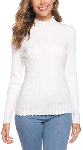 Sykooria Feinstrickpullover Damen Langarm Strickpullover Rundhals Mock Neck Elegant Rollkragenpullover Solide Pullover Basis Winterpullover für Herbst Winter Weiß S
