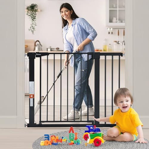 COMOMY Türschutzgitter ohne Bohren, 75 bis 103cm Treppenschutzgitter für Kinder und Haustiere, Baby Türgitter mit 7cm und 14cm Verlängerungen, 90° Stop, Selbstschließend, Schwarz