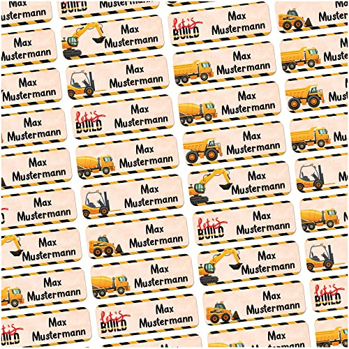 Namensaufkleber Baufahrzeuge personalisiert wasserfest 60 Stück Schule Kita | Namenssticker mit Wunschname für Brotdose Trinkflasche Stifte Schule Federmappe Kindergarten Schulstart spülmaschinenfest