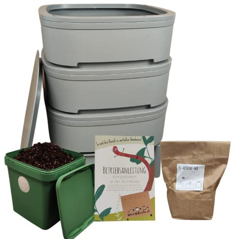 Wurmbox Komposter mit 3 Etagen | Wurmkomposter Starterset inkl. 500 Kompostwürmer