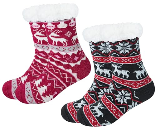 Chalier Fashion 2 Paia Calze da Donna Antiscivolo Termiche Calzini Donna Scalzini Antiscivolo Donna Divertenti Fantasia Invernali Calze Natale Capodanno Regalo