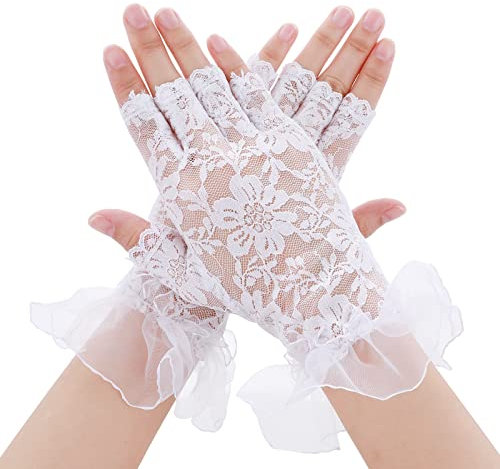 Damen Fingerlose Handschuhe - Weiße Spitzen Kurze Blumen Braut Handschuhe für Hochzeit, Oper, Abendessen, Teeparty