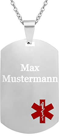 Hanessa Personalisierte Kette mit Gravur Edelstahl 45-60 cm Anhänger Dog Tag medizinische Daten Notfallkontakt in Silber -Halskette für Männer und Frauen - Personalisierter Schmuck Damen Herren