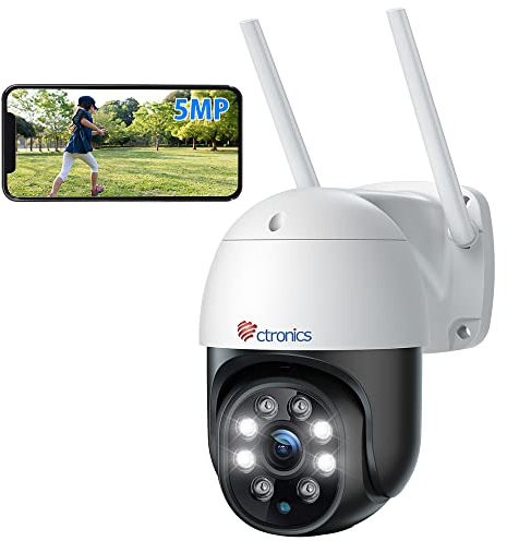 Ctronics 5MP Telecamera Wi-Fi Esterno, 2,4Ghz/5Ghz WiFi PTZ Videocamera Sorveglianza Esterno con 2880X1620P Visione Notturna a Colori, Rilevamento Umano e Inseguimento Automatico, TF/Cloud