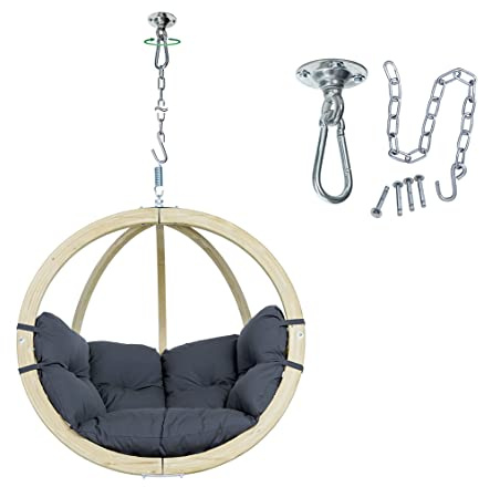 AMAZONAS Globo Chair Set - FSC-zertifizierter Premium Hängesessel mit Wetterfestem Kissen & Power Hook Deckenhaken | In- und Outdoor | Belastbar bis 120 kg (Anthracite)