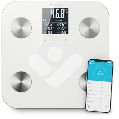 TrueLife FitScale W6 BT Personendiagnostische Bluetooth-Waage, Messung mit bioelektrischer Impedanzanalyse, 19 messbare Körperindizes, farbiges LCD-Display, bis zu 8 Benutzer, mobile App